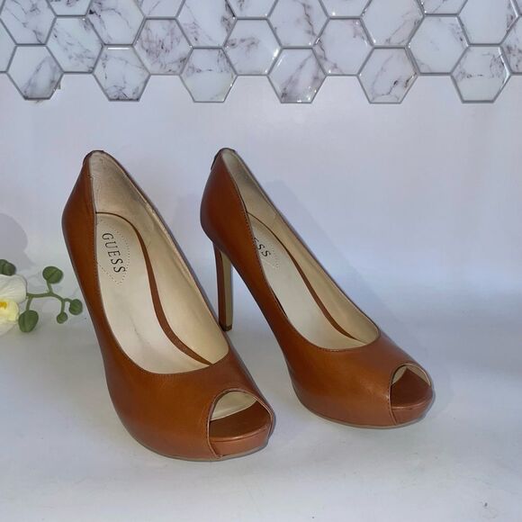 Guess Brown Leather Peep-Toe Heels Camel - Picture 3 of 8